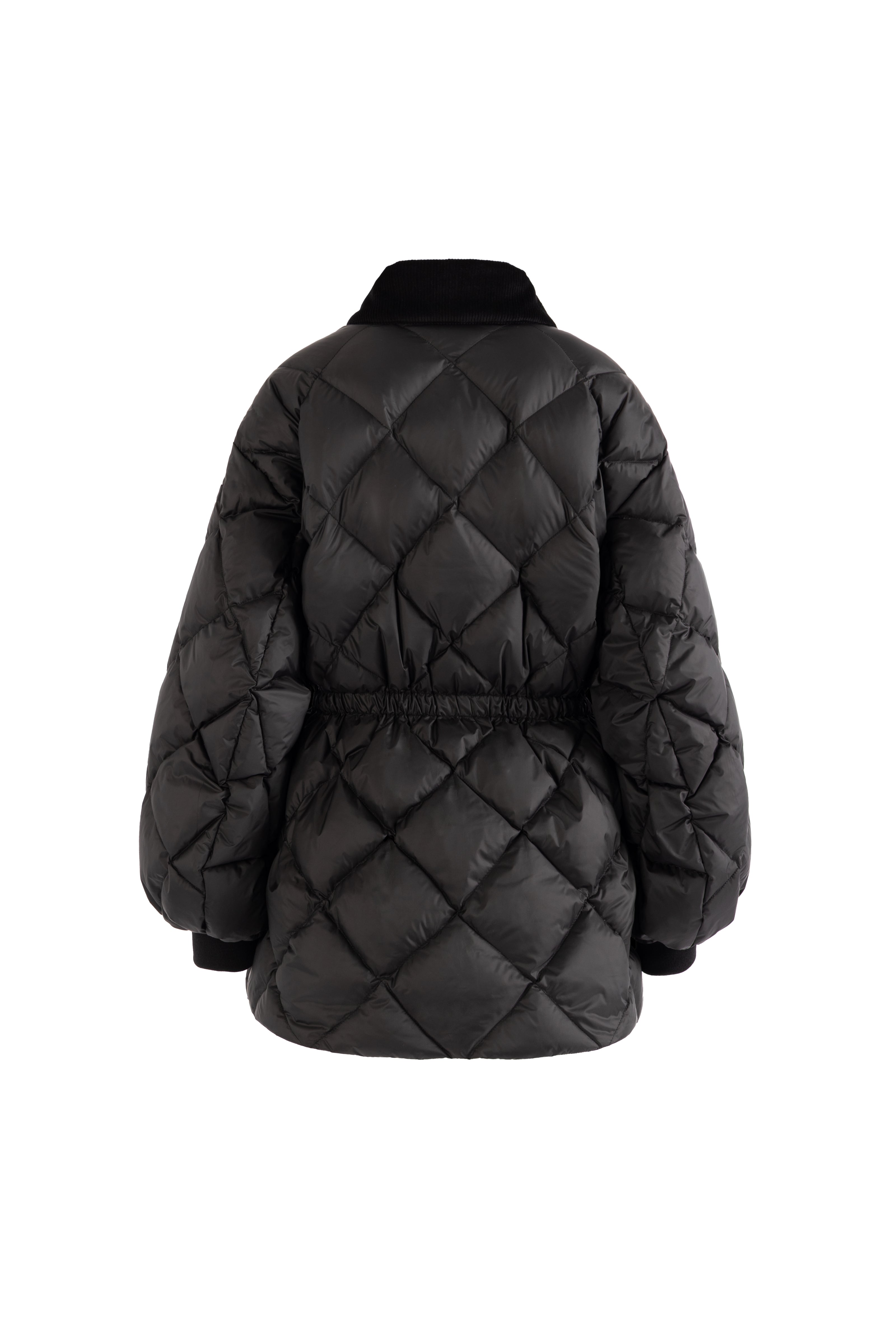 Black quilted jacket on a white background from the back