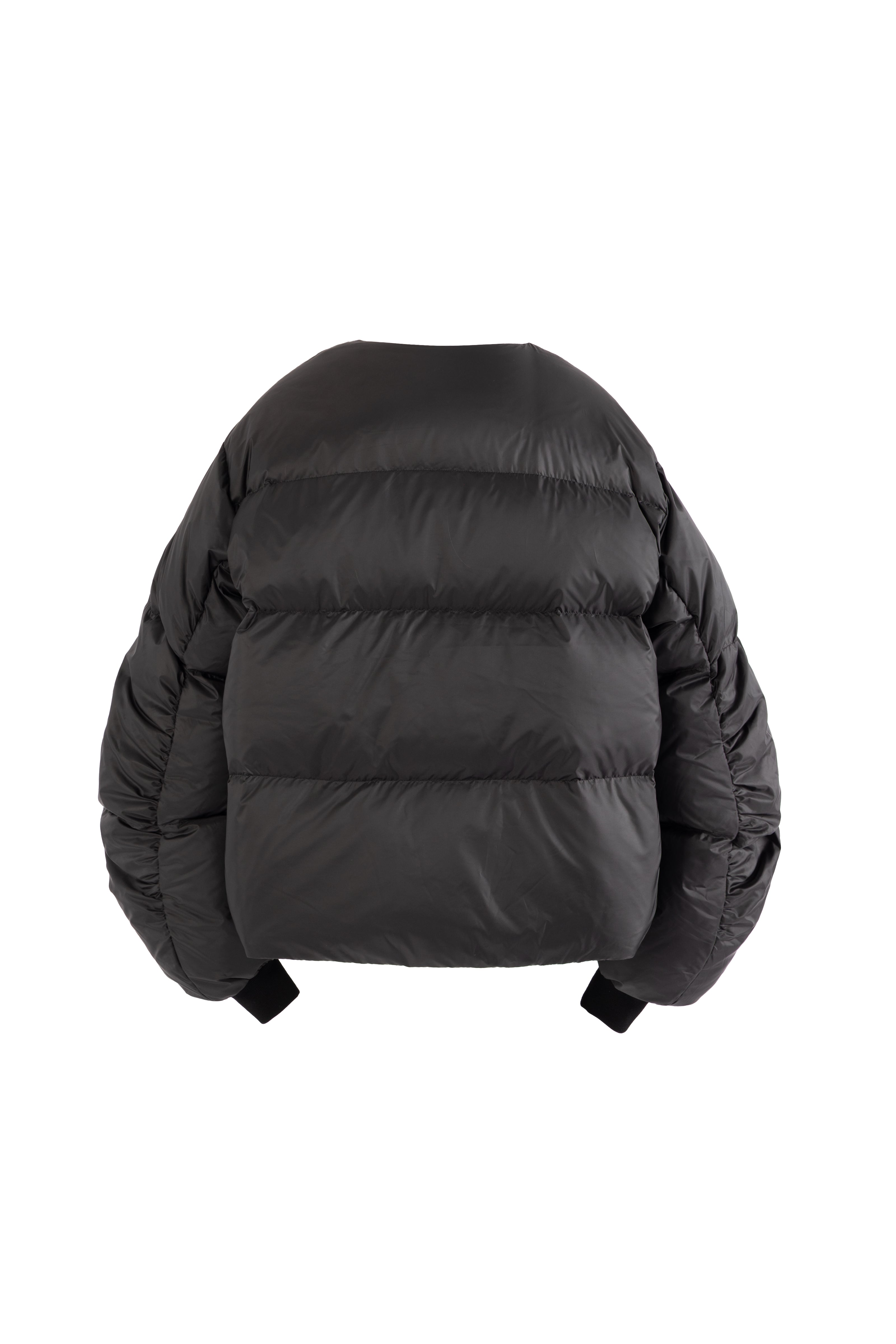 Black LEMPELIUS puffer jacket OVA with gold buttons on a white background from the back