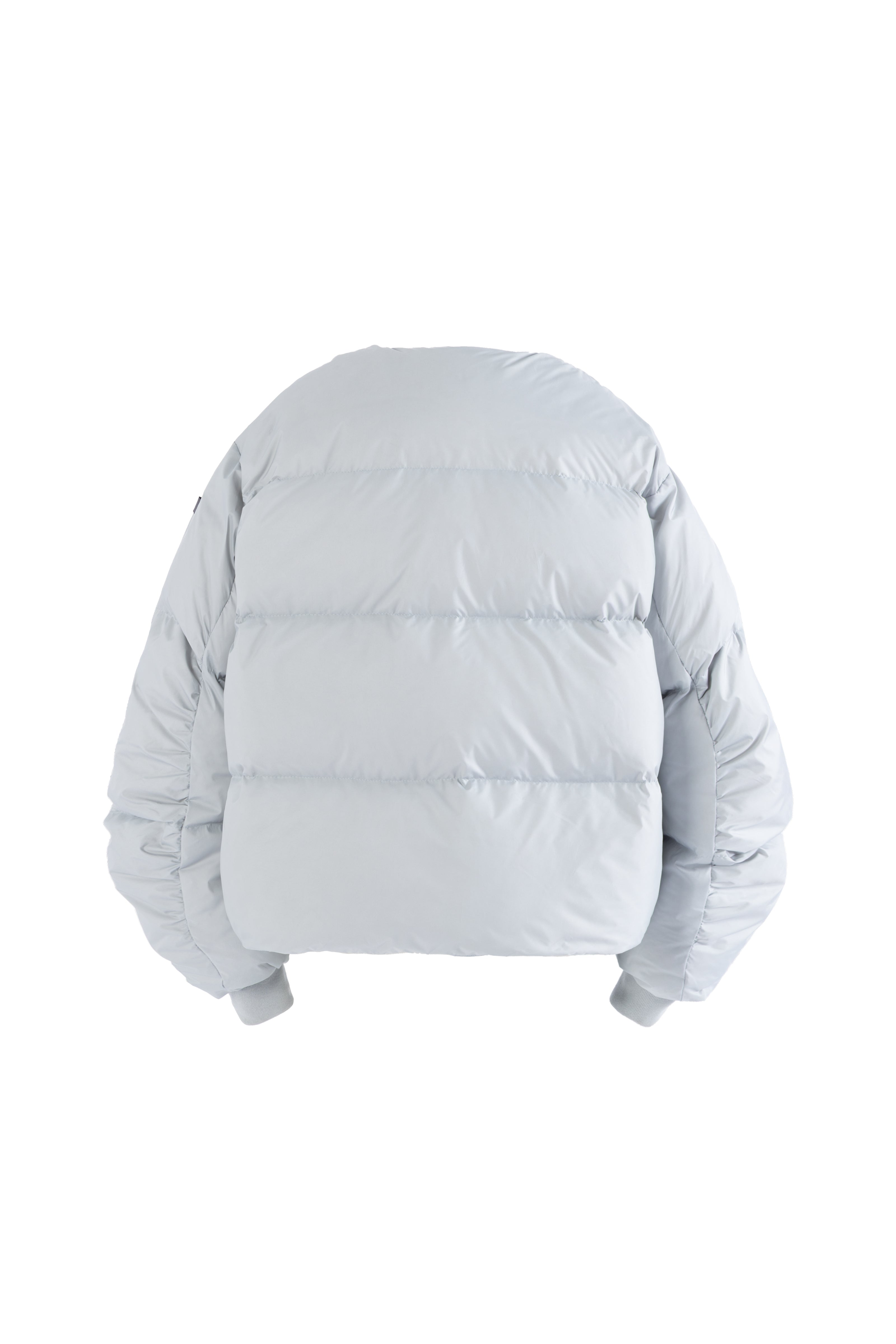 Light gray puffer jacket with silver shiny rhinestone closure on a white background from the back