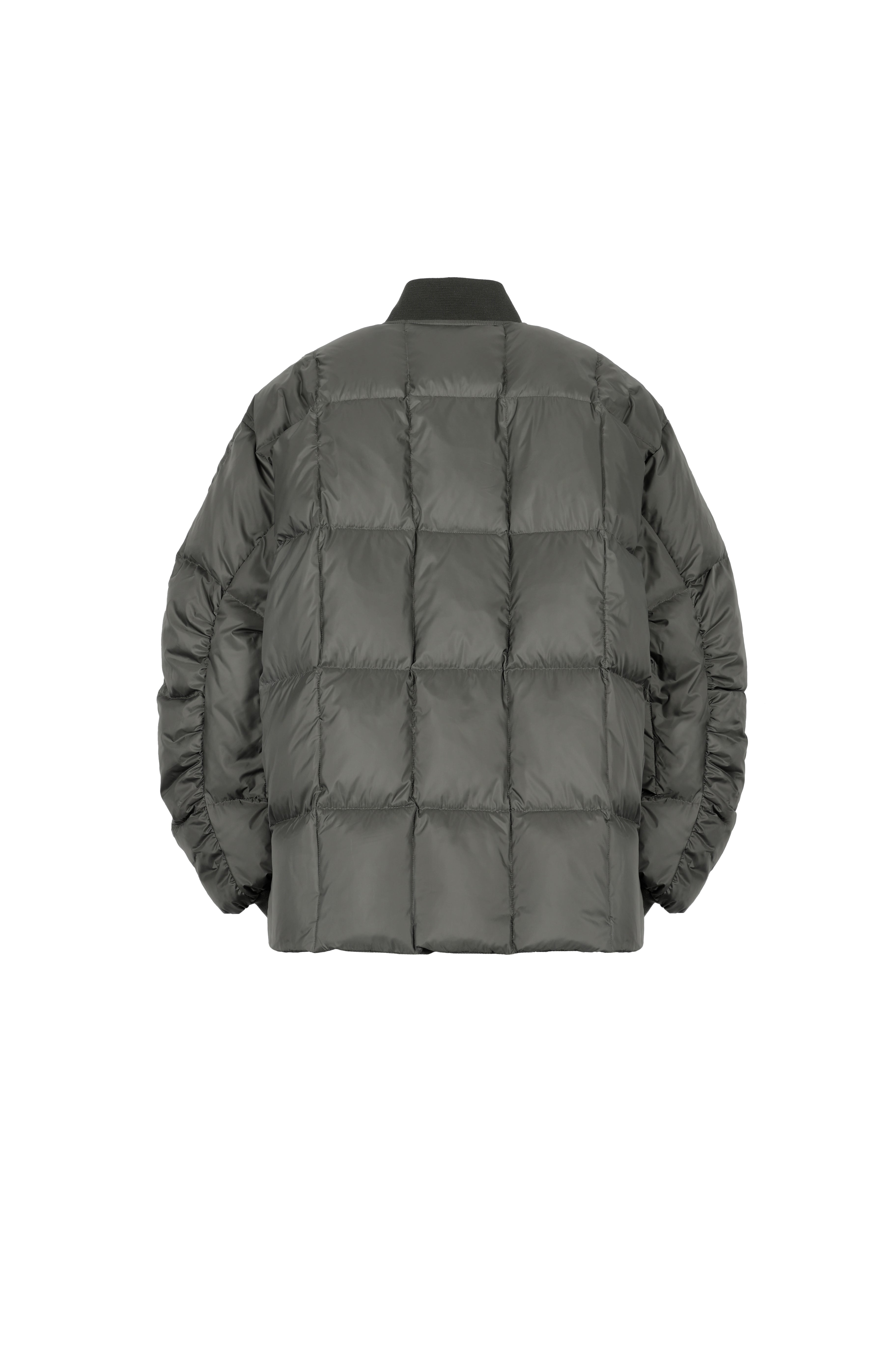 LEMPELIUS silky nylon light down jacket in muted green color with creases on the sleeves