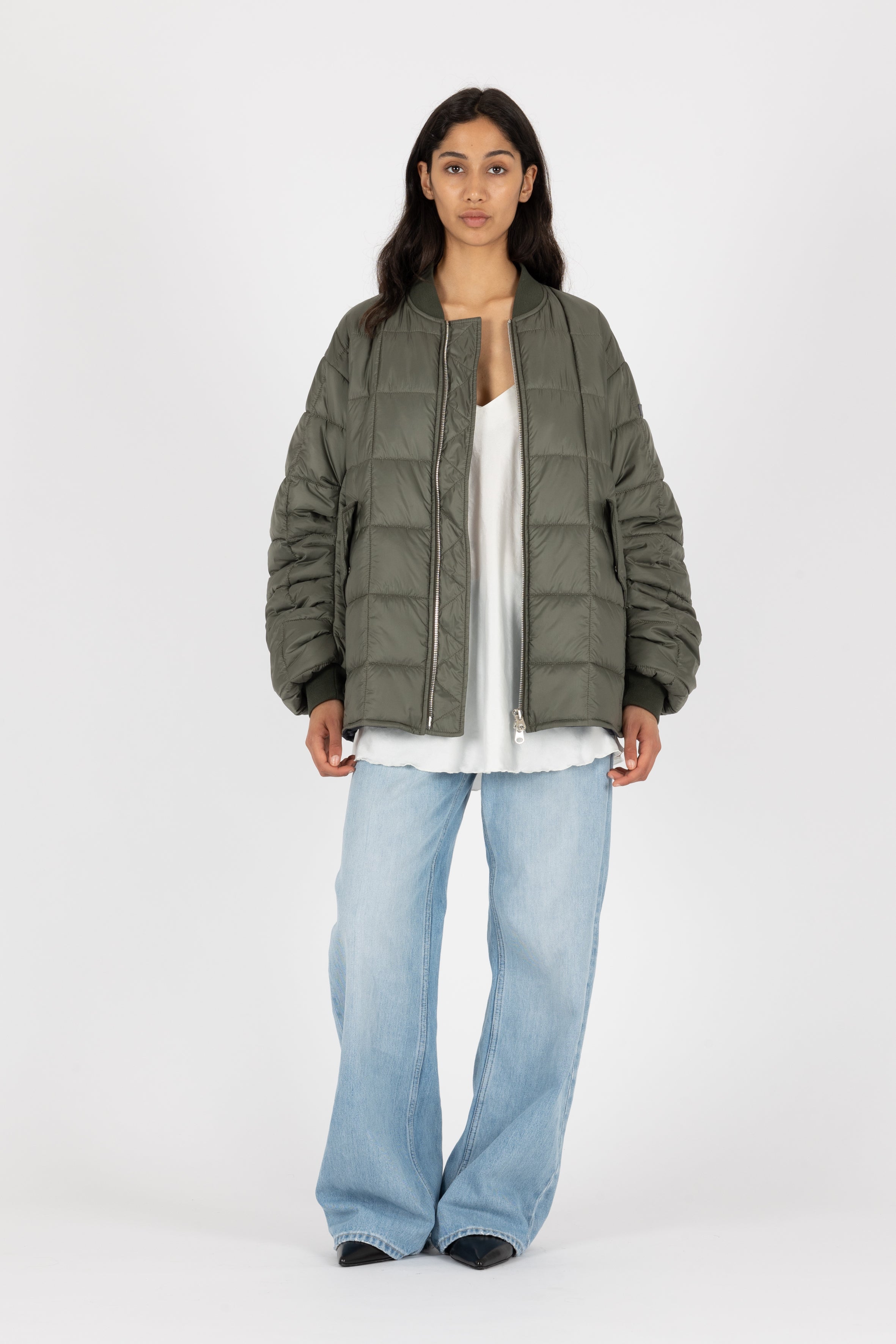 oversized Box Quilt padded super lightweight bomber jacket in muted green