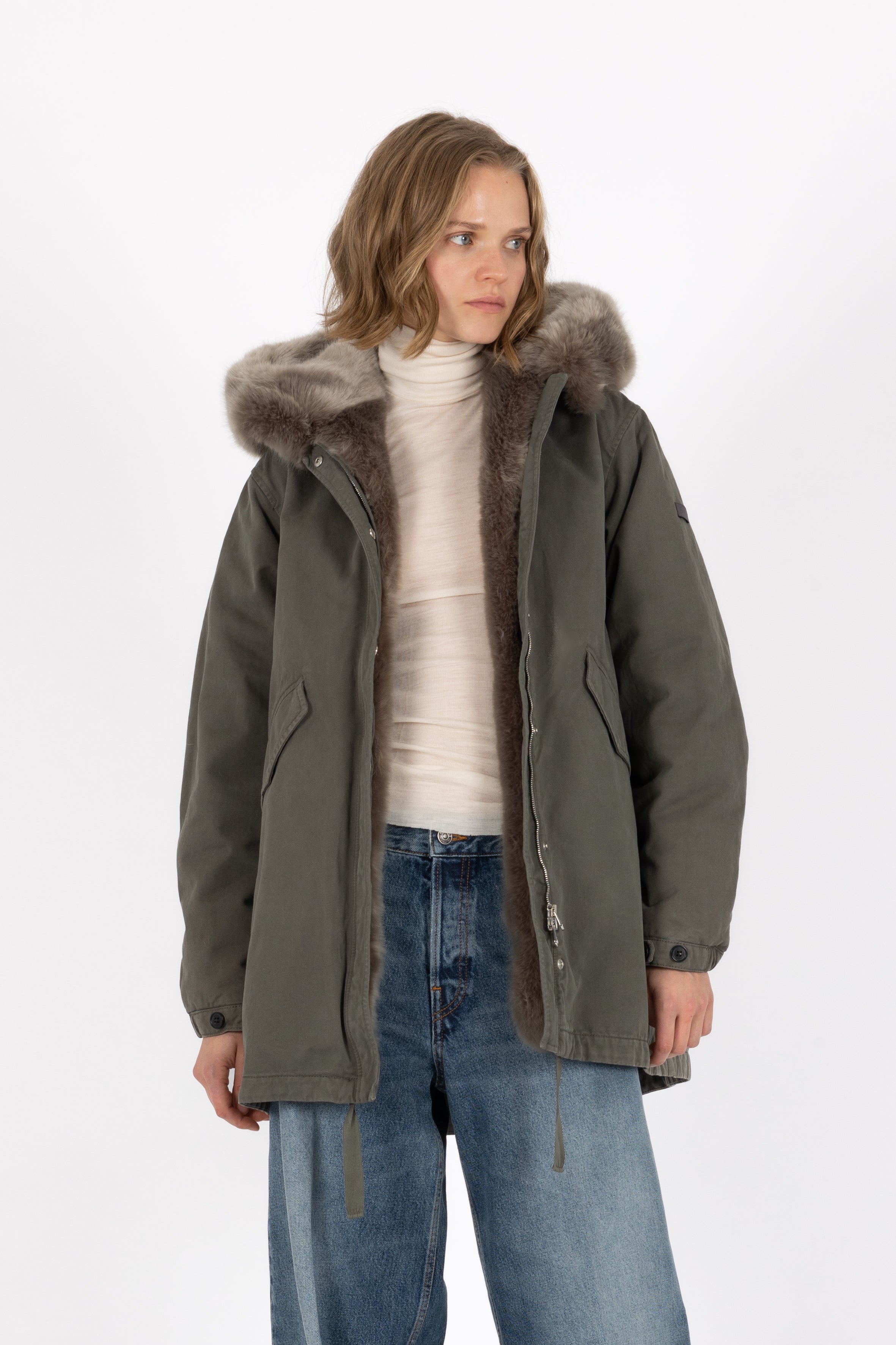 short flared cotton parka with flap pockets