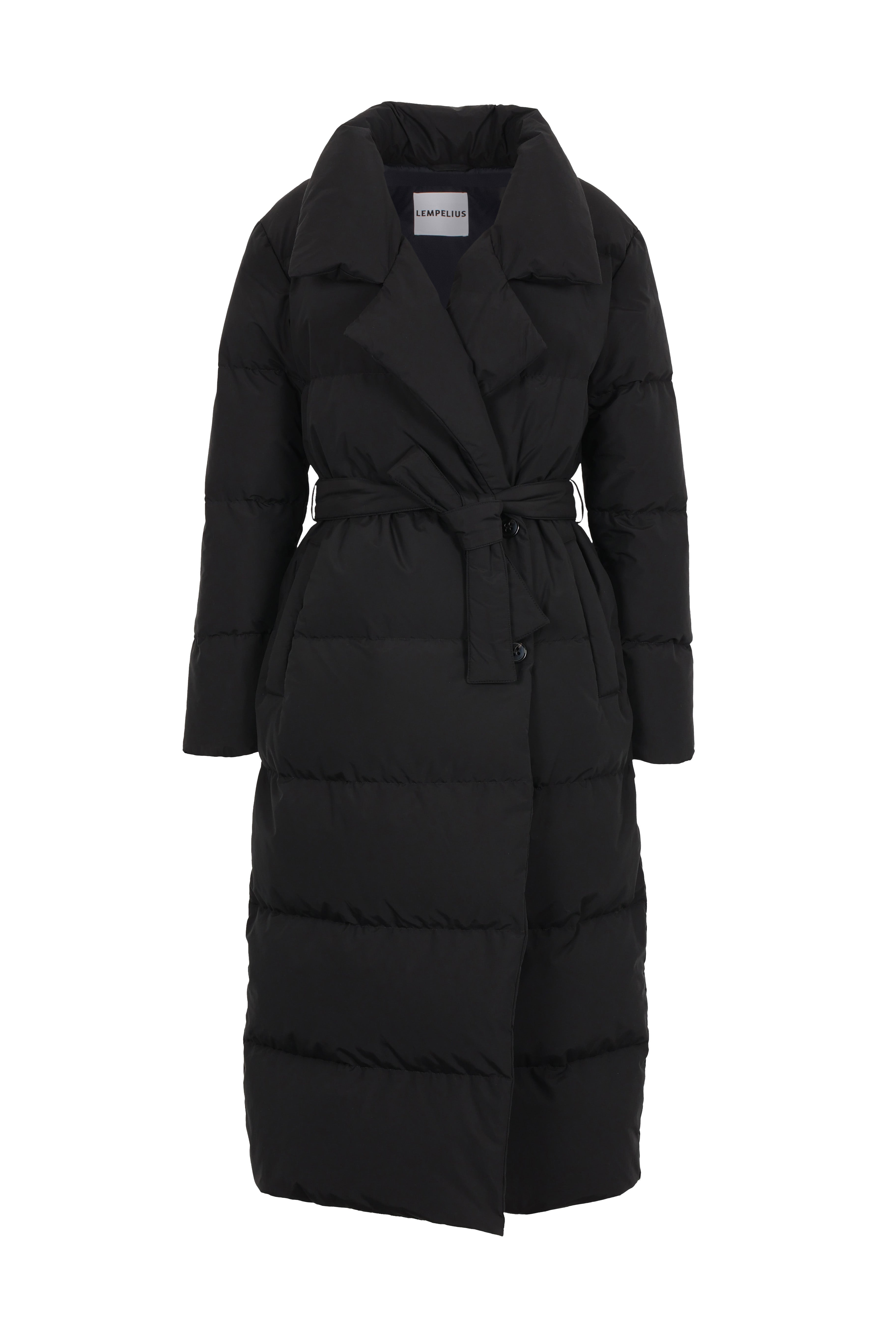Long belted Lempelius Downcoat in the color black 