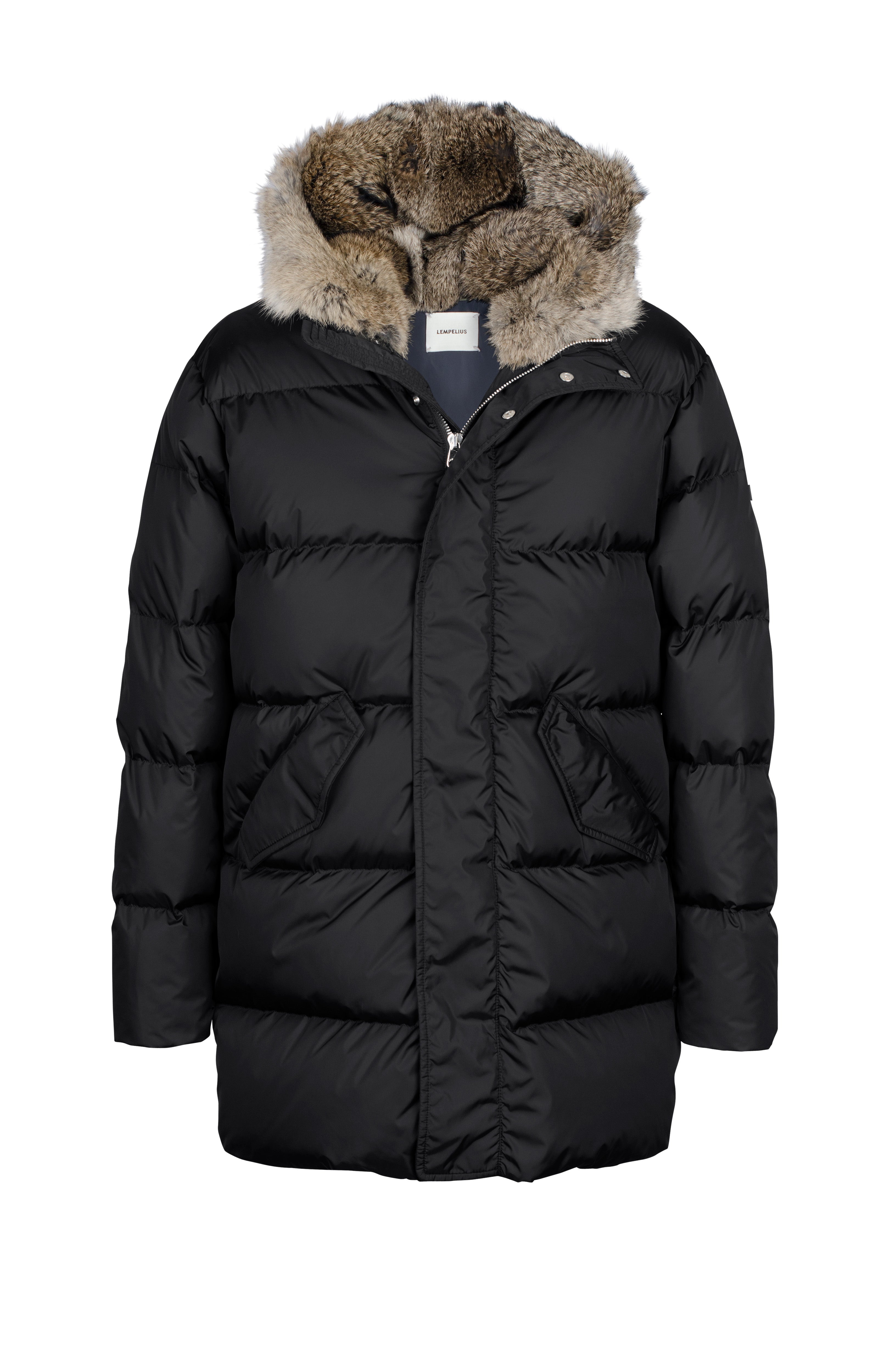Down Parka with rabbit fur hood in black