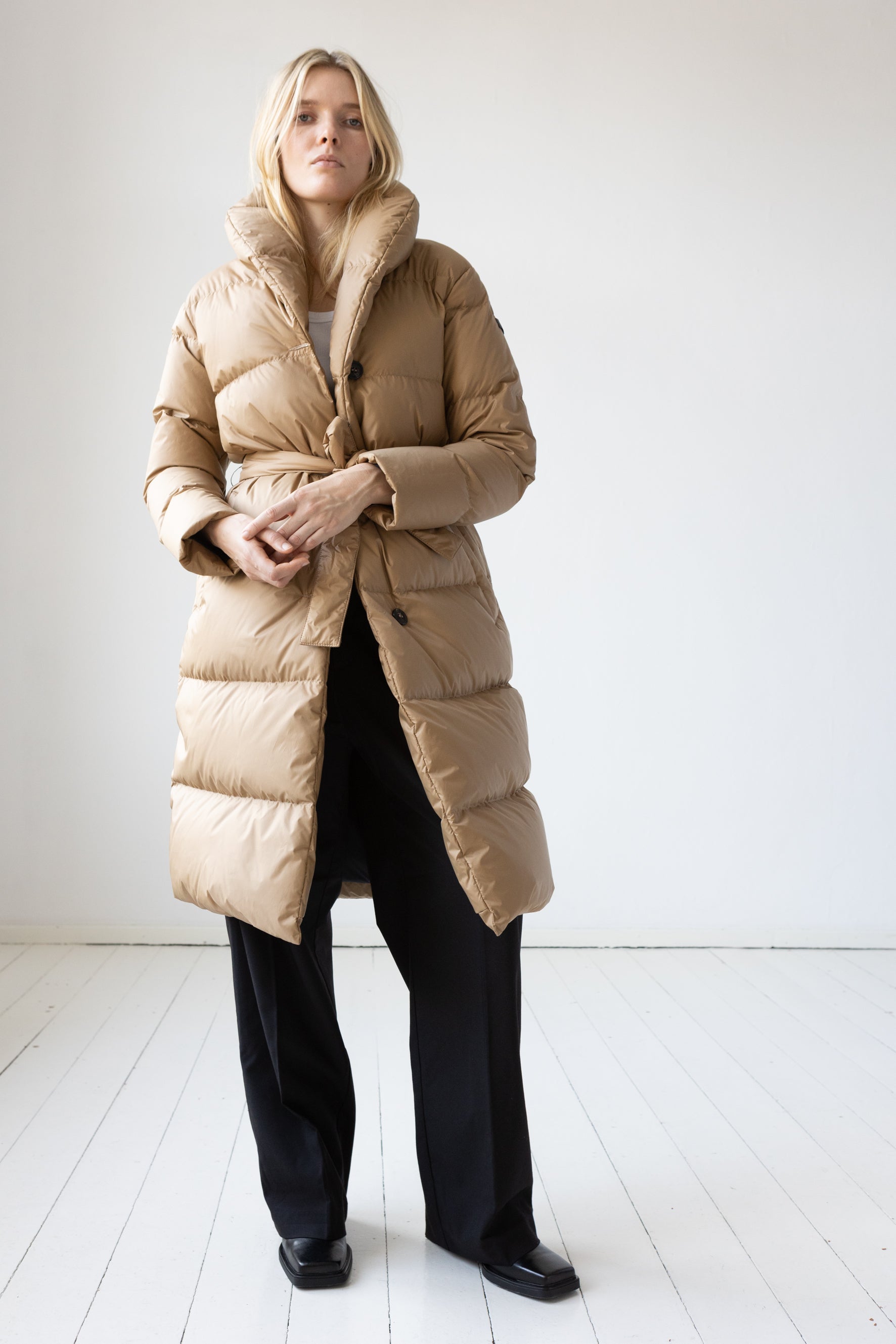 Lempelius belted down coat with shawl collar in color biscuit