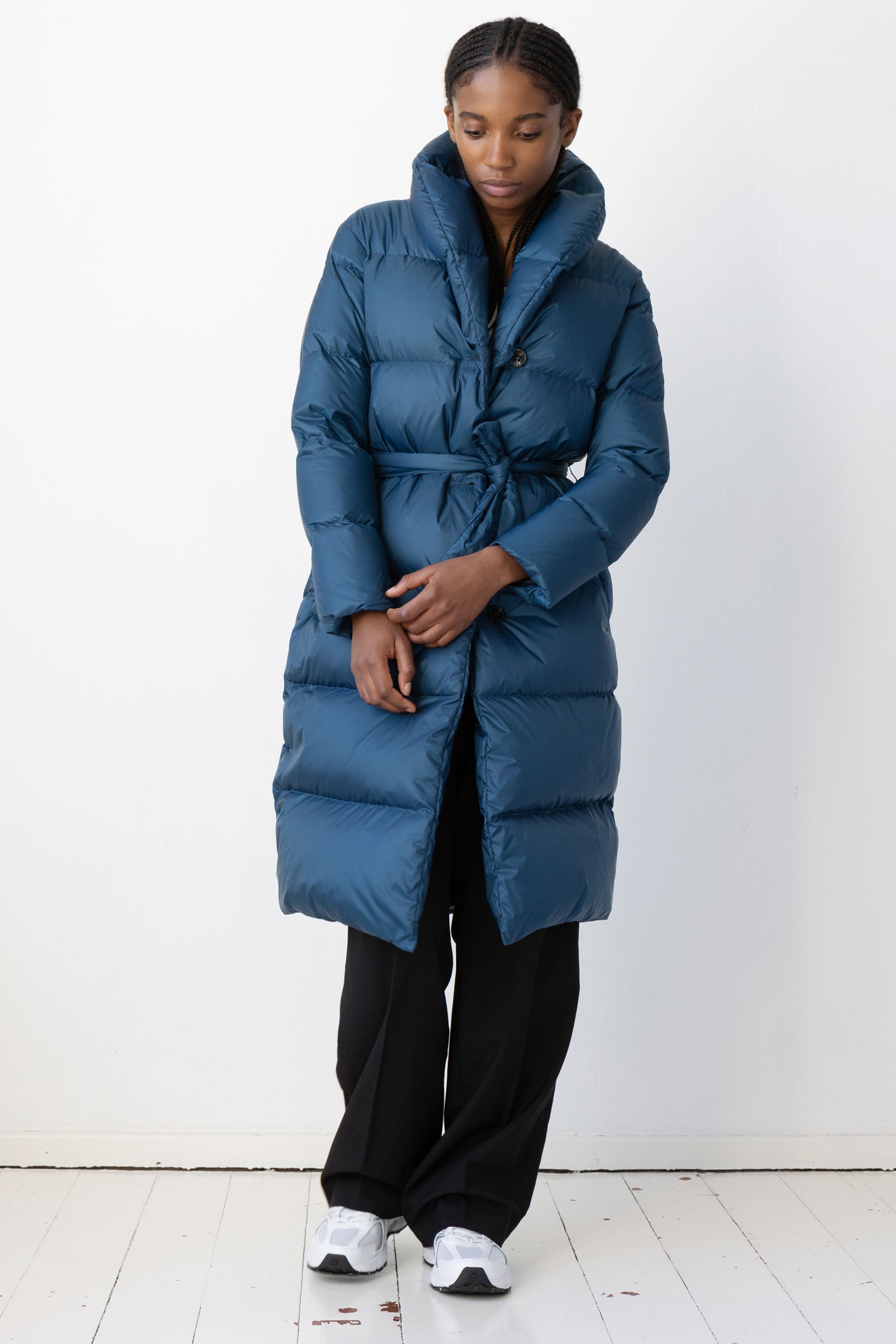 Lempelius belted down coat with shawl collar in color azure